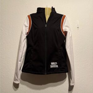 Harley Davidson Womens Black White Orange Rhinestone Logo Collared Jacket Size S